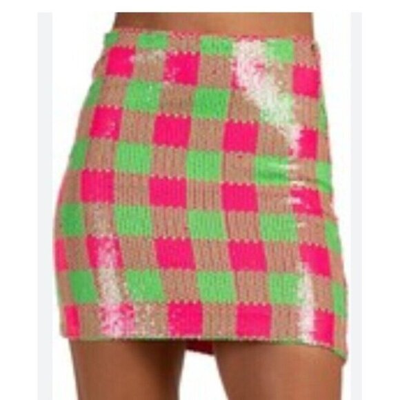 New Trina Turk Rico Mini Skirt Womens 2 Pink Green Checkered Sequins - Picture 1 of 6